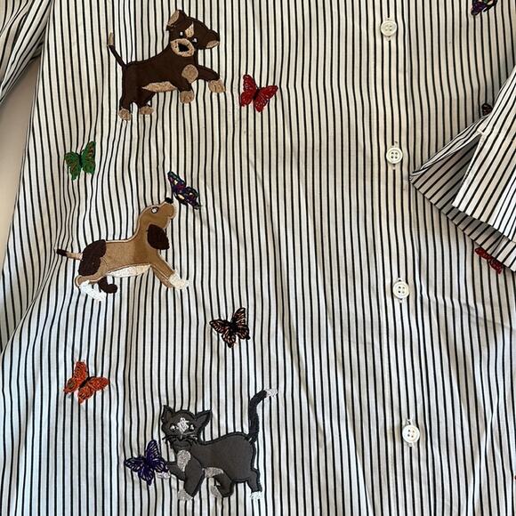 Bechamel Button Up Striped Embroidered Cats Dogs 3/4 Sleeve Blouse Top Size 2X - Picture 10 of 12